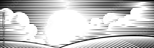 A rolling hills rural landscape drawing in a vintage woodcut style