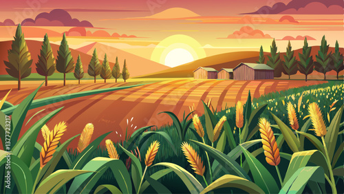 Biofuel and Food Sorghum Plantation industry in sunset Field of Sweet Sorghum stalk and seeds Millet field Agriculture field of sorghum named also Durra Milo or Jowari Healthy