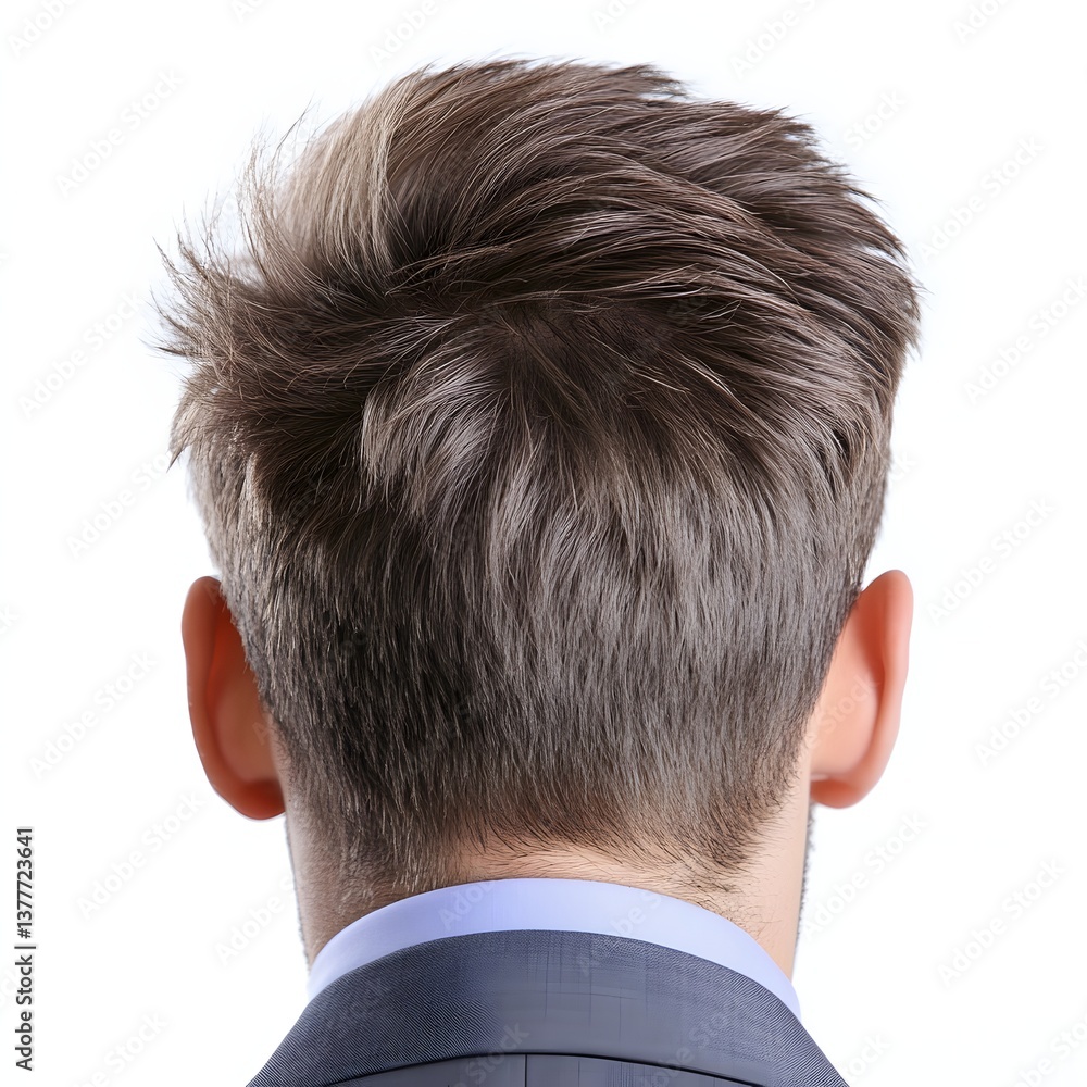 Back View of a Well-Groomed Man in a Suit with a Stylish Haircut on a Plain Background Back View of a Well-Groomed Man in a Suit with a Stylish Haircut on a Plain Background
