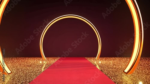 Glamorous red carpet entrance with glowing circular arch creates luxurious atmosphere, perfect for sparkling celebration at prestigious event, enhanced by elegant background.
