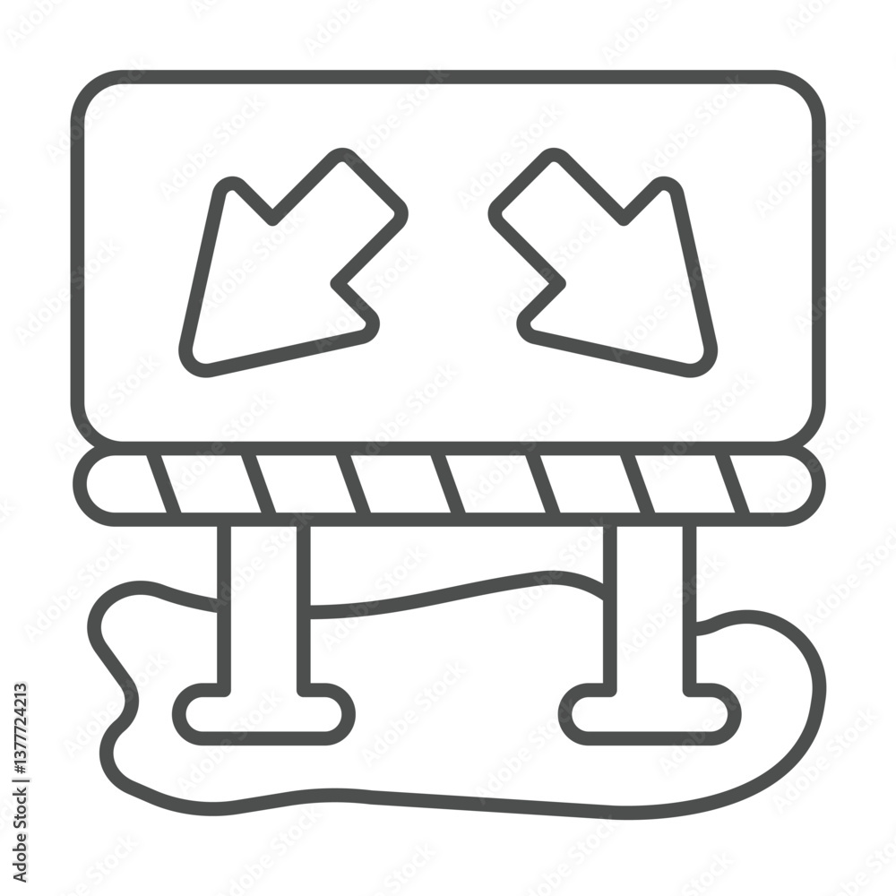 Barrier banner with route direction arrows thin line icon, making road concept. Vector graphics. Road construction barrier sign on white background, outline style icon for mobile or web design. Barrier banner with route direction arrows thin line icon, making road concept. Vector graphics. Road construction barrier sign on white background, outline style icon for mobile or web design.