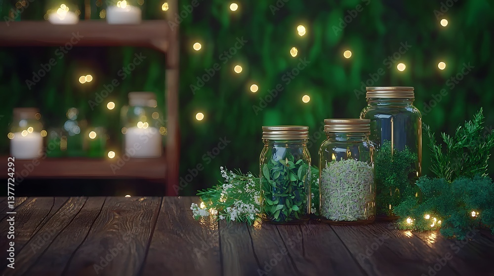 Ambient Display of Glass Jars Filled with Greenery and Soft Fairy Lights on a Wooden Table Ambient Display of Glass Jars Filled with Greenery and Soft Fairy Lights on a Wooden Table