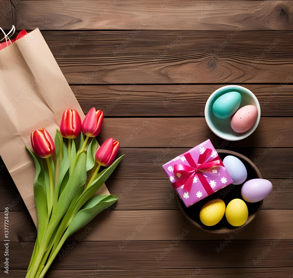 Easter eggs, tulips and gift box on wooden table Easter eggs, tulips and gift box on wooden table