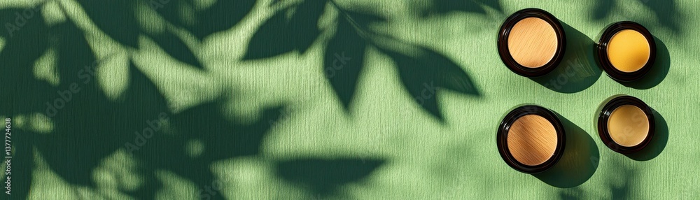 A serene composition featuring circular objects casting shadows on a textured green background, with leaf silhouettes enhancing the scene's tranquility. A serene composition featuring circular objects casting shadows on a textured green background, with leaf silhouettes enhancing the scene's tranquility.