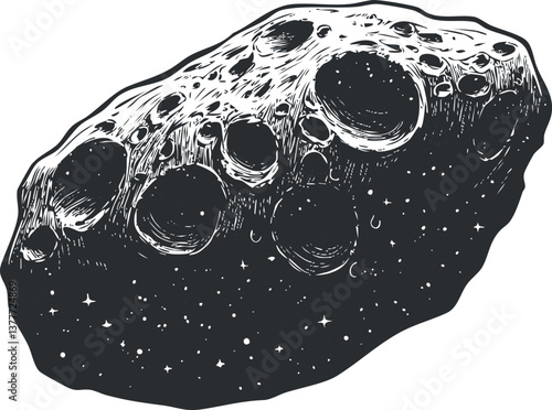 Black and white illustration of a textured asteroid with craters floating in space.