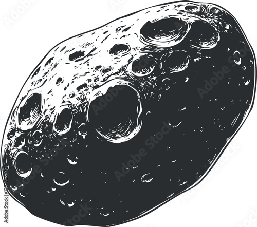 Black and white illustration of an asteroid with craters, depicting a cosmic celestial body.