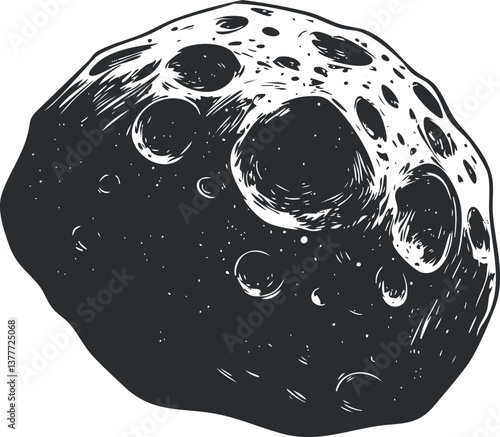 Illustration of a textured asteroid with craters in black and white, depicting a celestial object.