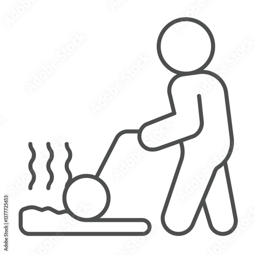 Man with manual paver thin line icon, making road concept. Vector graphics. Builder laying asphalt, construction sign on white background, outline style icon for mobile or web design.