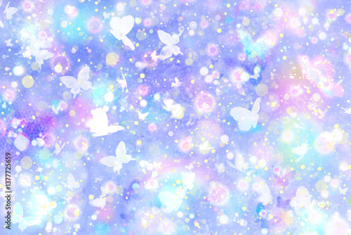 蝶が舞う神秘的、メルヘン、幻想的なきらきら光るシンプルグラデーション背景壁紙イラストテクスチャ【青、紫、水色、ピンク】