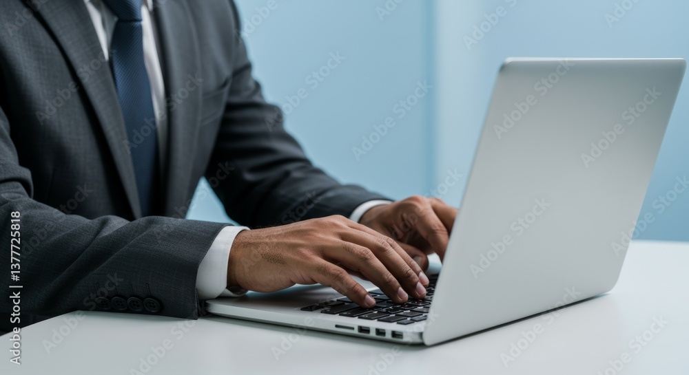 Professional at work: Man in suit typing on laptop for business success Professional at work: Man in suit typing on laptop for business success