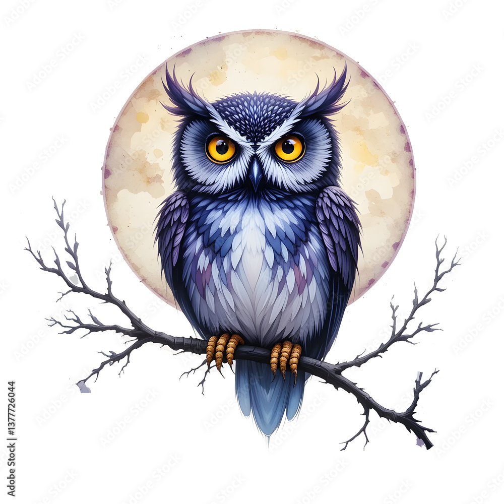 Naklejka premium Fantasy Owl Illustration on Tree Branch with Full Moon Background