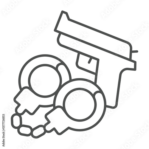 Pistol gun and handcuffs thin line icon, family lawyer concept. Vector graphics. Handcuffs with pistol, crime responsibility sign on white background, outline style icon for mobile or web design.