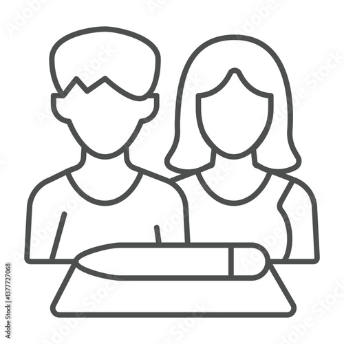 Married couple and contract paper thin line icon, family lawyer concept. Vector graphics. Document with pen and young people sign on white background, outline style icon for mobile or web design.