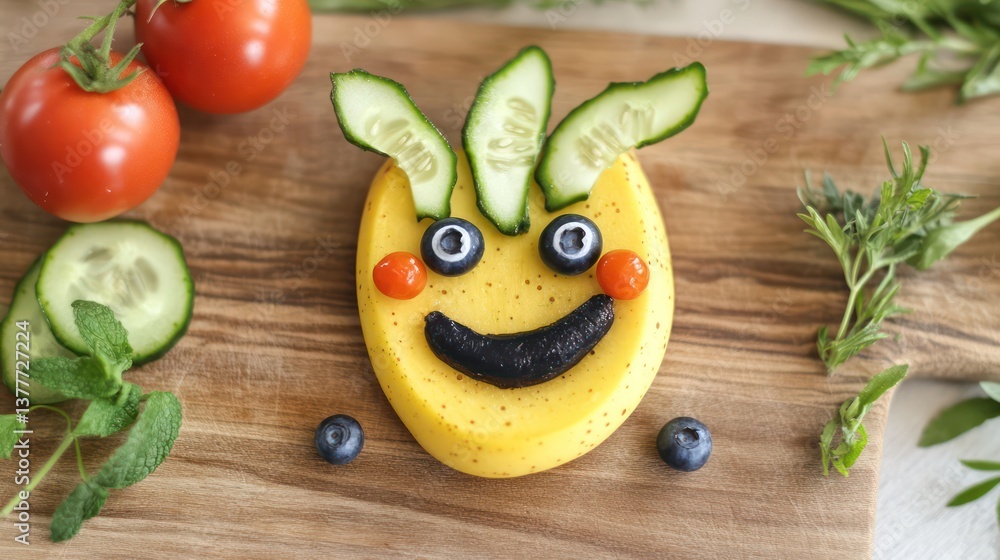 Cute cheese face with cucumber & berries Cute cheese face with cucumber & berries