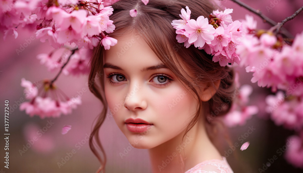 Girl with Serene Expression Adorned with Cherry Blossoms Girl with Serene Expression Adorned with Cherry Blossoms