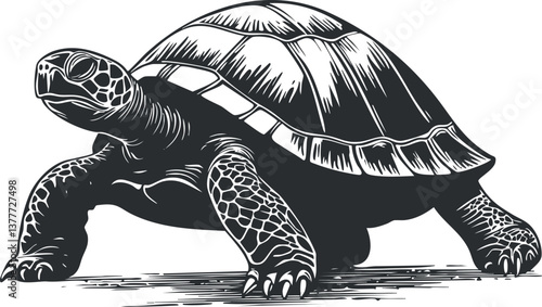 Detailed black and white illustration of a tortoise showcasing its shell and textured skin.