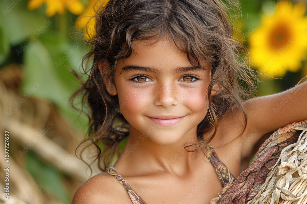 A smiling girl with curly hair poses playfully among sunflowers, radiating joy and warmth in a vibrant, natural setting. A smiling girl with curly hair poses playfully among sunflowers, radiating joy and warmth in a vibrant, natural setting.