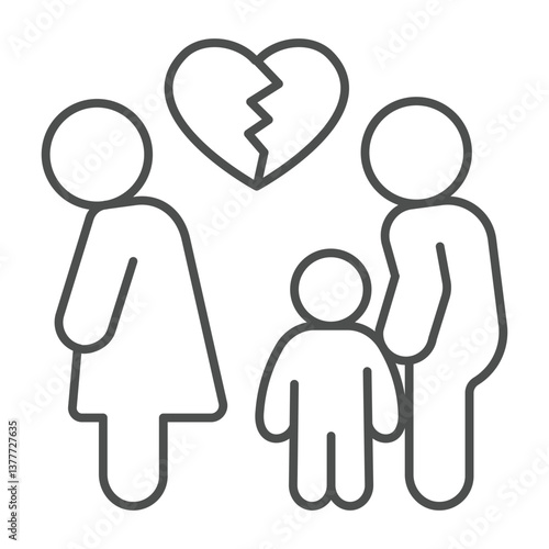 Cheating woman with broken heart, man and child thin line icon, family lawyer concept. Vector graphics. Marriage problem sign on white background, outline style icon for mobile or web design.