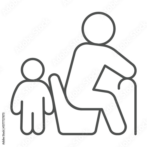 Grandfather with walking cane and child thin line icon, family lawyer concept. Vector graphics. Old man and kid, inheritance sign on white background, outline style icon for mobile or web design.
