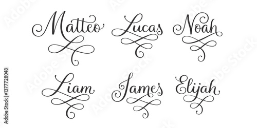Set of hand-lettered boy’s names – Liam Lucas James Noah Matteo Elijah