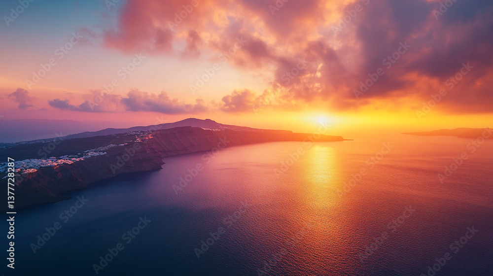 Fototapeta premium Aerial view of coastline with dramatic sunset sky reflecting on ocean water surface at dusk or dawn