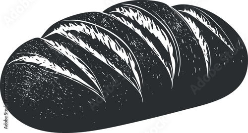Black and white illustration of a crusty bread loaf with detailed texture and design.