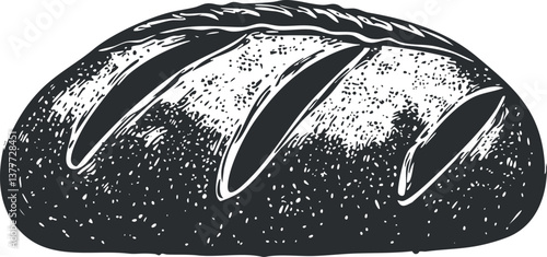 Black and white illustration of a crusty loaf of bread, showcasing artisan baking details.
