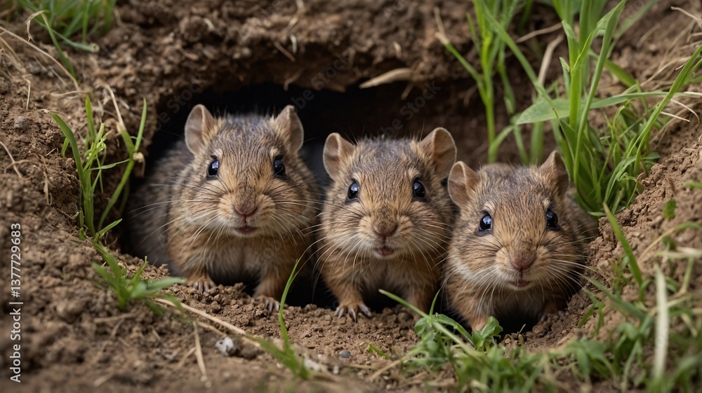 Three cute brown rodents peeking from a burrow, surrounded by grass. Three cute brown rodents peeking from a burrow, surrounded by grass.