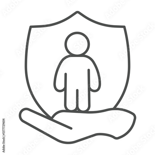 Child care and safety emblem thin line icon, family lawyer concept. Vector graphics. Hand with child on shield, human rights sign on white background, outline style icon for mobile or web design.