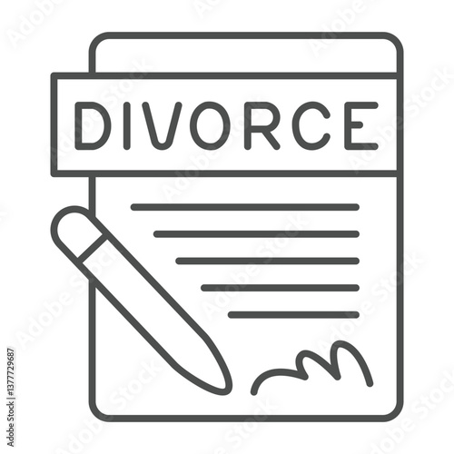 Signed document form and pen thin line icon, family lawyer concept. Vector graphics. Application for divorce, contract paper sign on white background, outline style icon for mobile or web design.