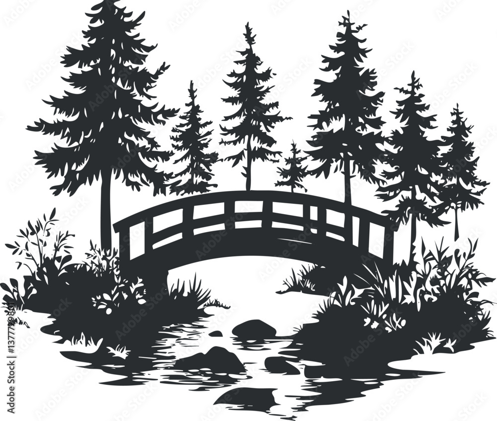 Fototapeta premium Silhouette of a bridge over a tranquil stream surrounded by trees and natural scenery.