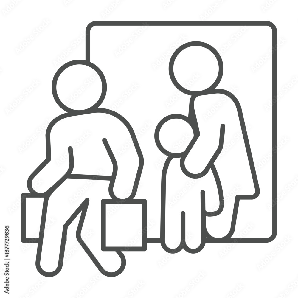 Fototapeta premium Woman with child and man running away thin line icon, family lawyer concept. Vector graphics. Marriage problem, human rights sign on white background, outline style icon for mobile or web design.