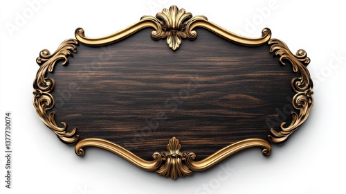 An ornate wooden framed plaque with gold decorative details