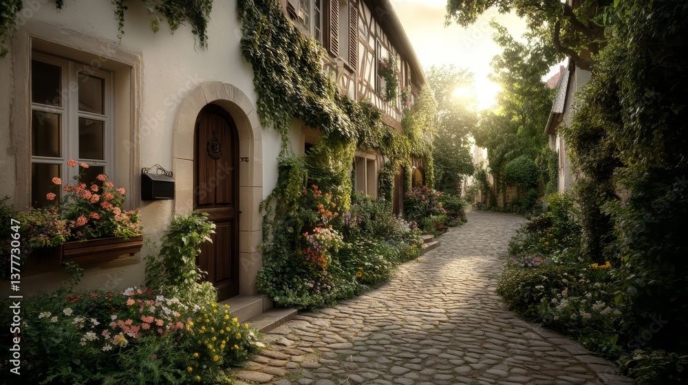 Naklejka premium Traditional french country lane with vibrant flowers and flag elements france nature scene serene atmosphere