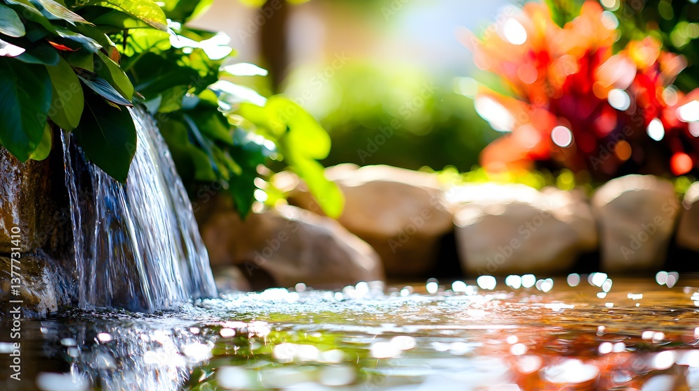 Serene Garden Waterfall with Glimmering Reflections and Colorful Foliage in a Peaceful Setting Serene Garden Waterfall with Glimmering Reflections and Colorful Foliage in a Peaceful Setting