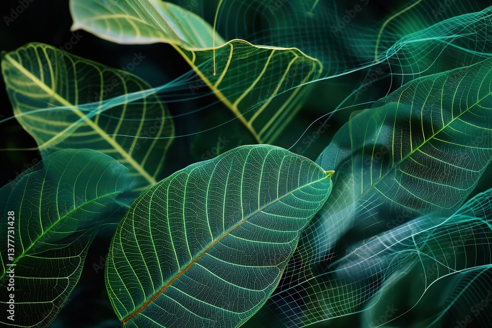 Naklejka premium Digital visualization of tropical leaves with sound waves and abstract elements for a nature-inspired background