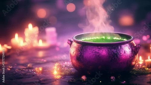 Bubbling Witch's Cauldron in Smoke – Mystical Potion Brewing photo