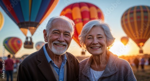 Happy elderly couple in hot air balloon festival at sunrise background portrait photo 