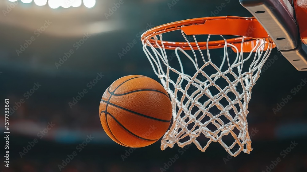 Exciting Basketball Moment: Ball Soaring Through Hoop in Dynamic Arena Setting Exciting Basketball Moment: Ball Soaring Through Hoop in Dynamic Arena Setting