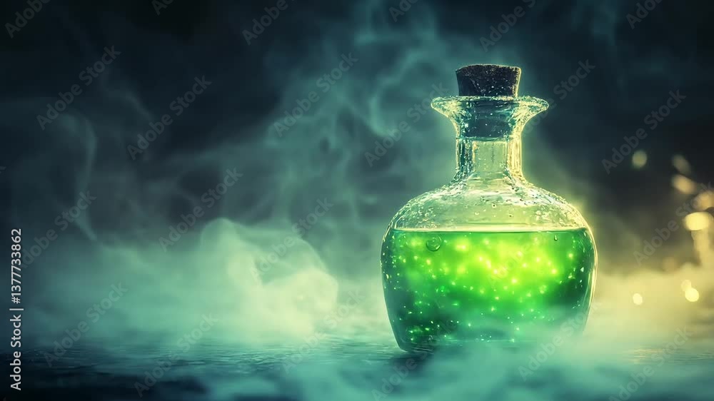 Close-up of Green Witch's Potion in Smoke – Magical and Mysterious Elixir Close-up of Green Witch's Potion in Smoke – Magical and Mysterious Elixir