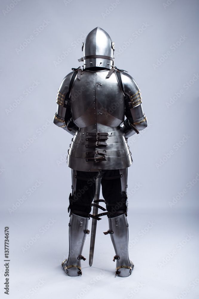 Full Suit of Fourteenth Century Knight's Plate Armor. Impressive display of medieval protective gear, including helmet, breastplate, gauntlets, and greaves Full Suit of Fourteenth Century Knight's Plate Armor. Impressive display of medieval protective gear, including helmet, breastplate, gauntlets, and greaves