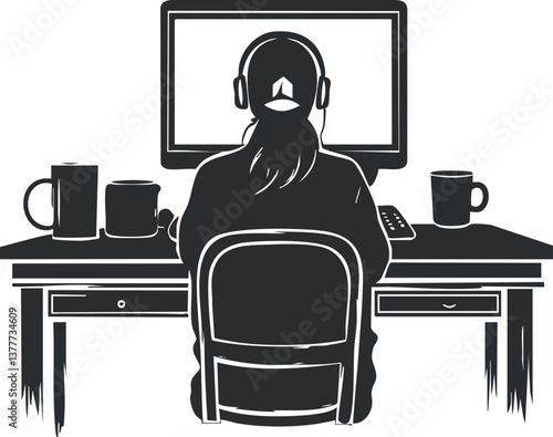 Silhouette of a person with headphones gaming at a desk with multiple coffee mugs.