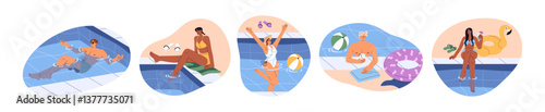 People are in swimming pool set. Happy tourists have a rest, sunbathing, have fun in water in summer holiday. Men and women relax at poolside on vacation. Flat isolated vector illustrations on white