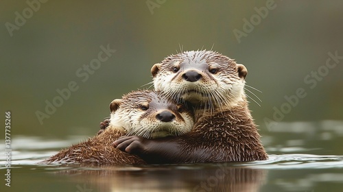Otters hugging in river, blurred background, wildlife