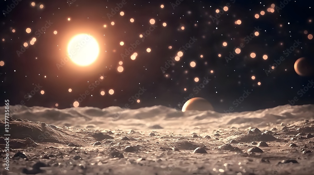 Celestial Landscape with Planets and Shimmering Stars in Cosmic Atmosphere at Dusk Celestial Landscape with Planets and Shimmering Stars in Cosmic Atmosphere at Dusk