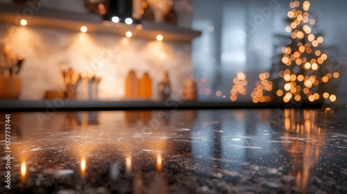Cozy Kitchen Counter with Sparkling Surface and Glowing Christmas Lights in a Festive Atmosphere