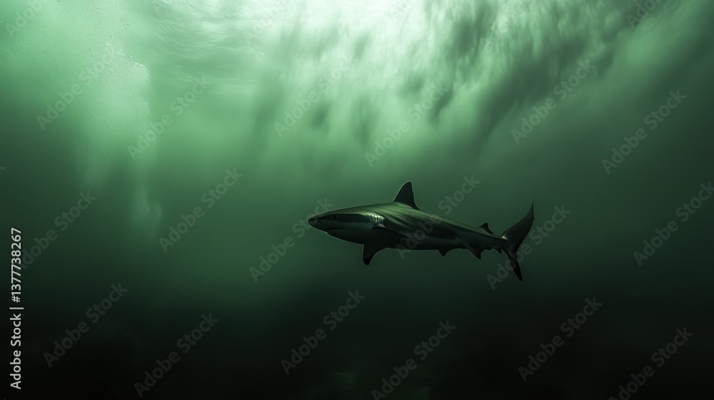 Underwater shark in murky ocean depths Underwater shark in murky ocean depths