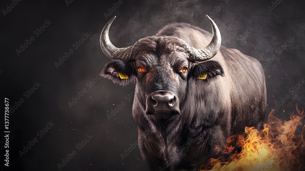 Naklejka premium Powerful Black Bull Surrounded by Fiery Flames and Smoke Creating an Intense Atmosphere