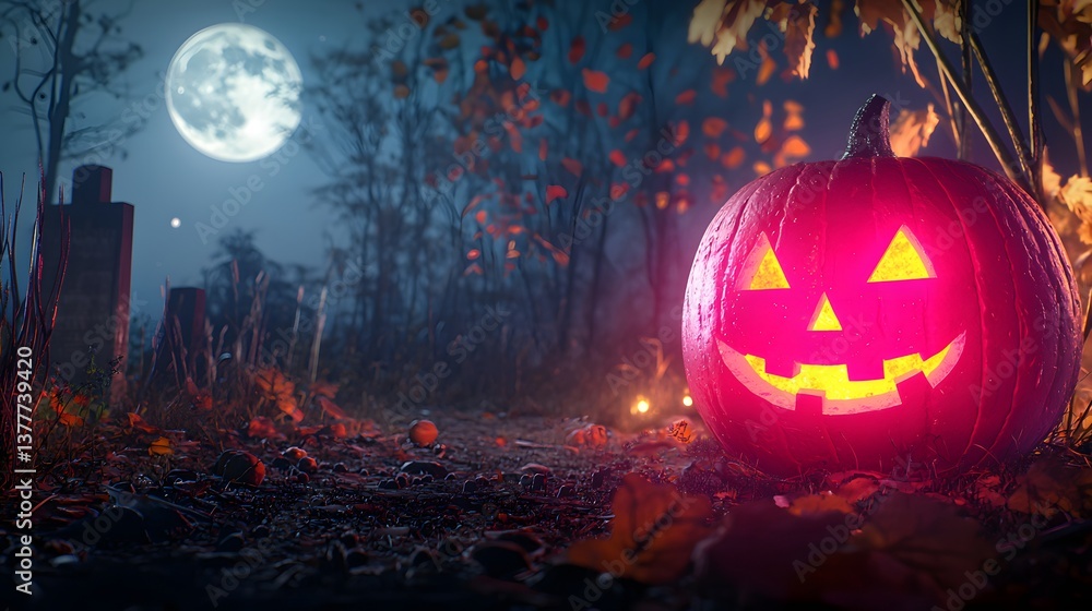 Naklejka premium Glowing Jack O Lantern with Happy Face Surrounded by Autumn Leaves Under Moonlit Sky