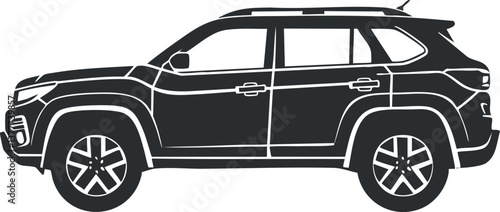 Black and white silhouette of a modern SUV with roof rack in side view.
